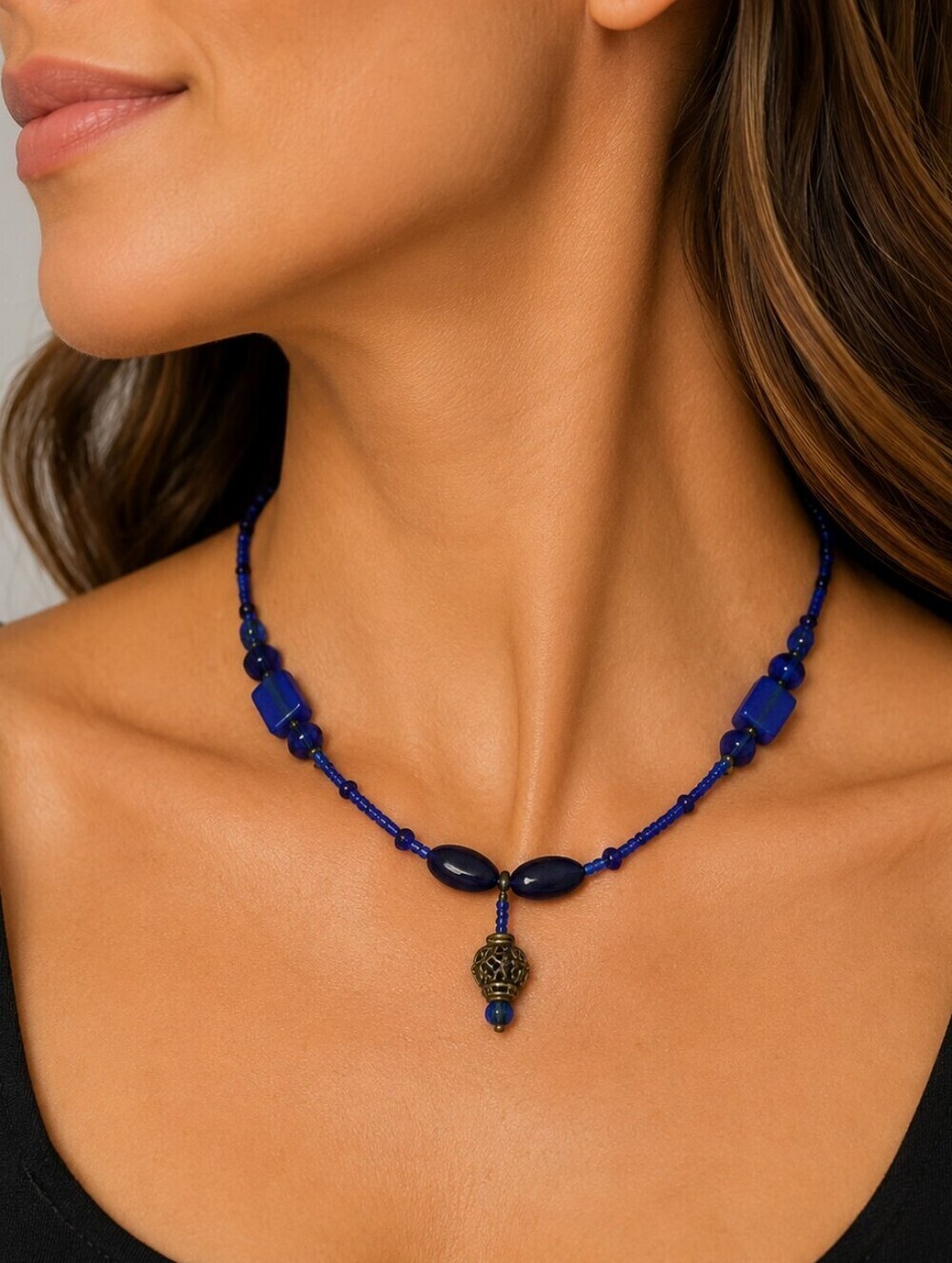 Antique Cobalt Blue Czech Glass Beaded Choker Necklace